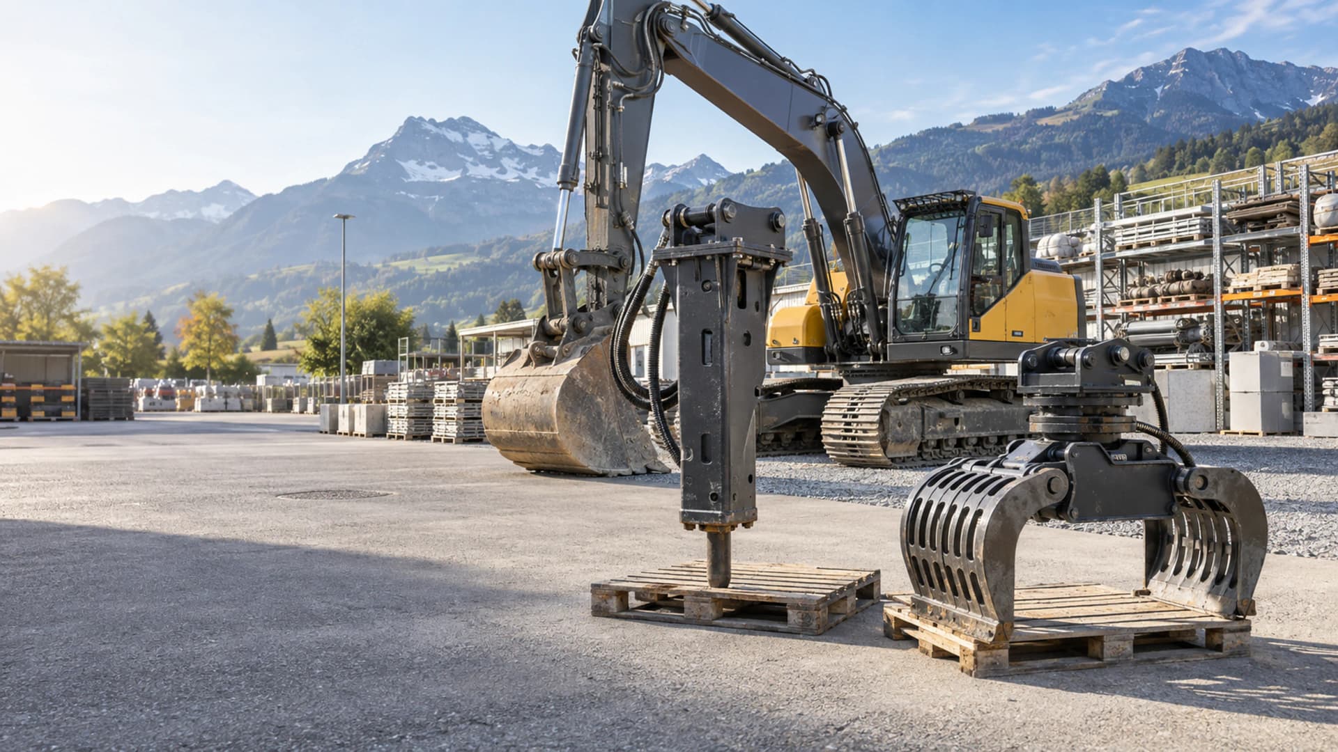 Hydraulikhammer und Sortiergreifer als getrennte Betriebsmittel auf einem Werkhof