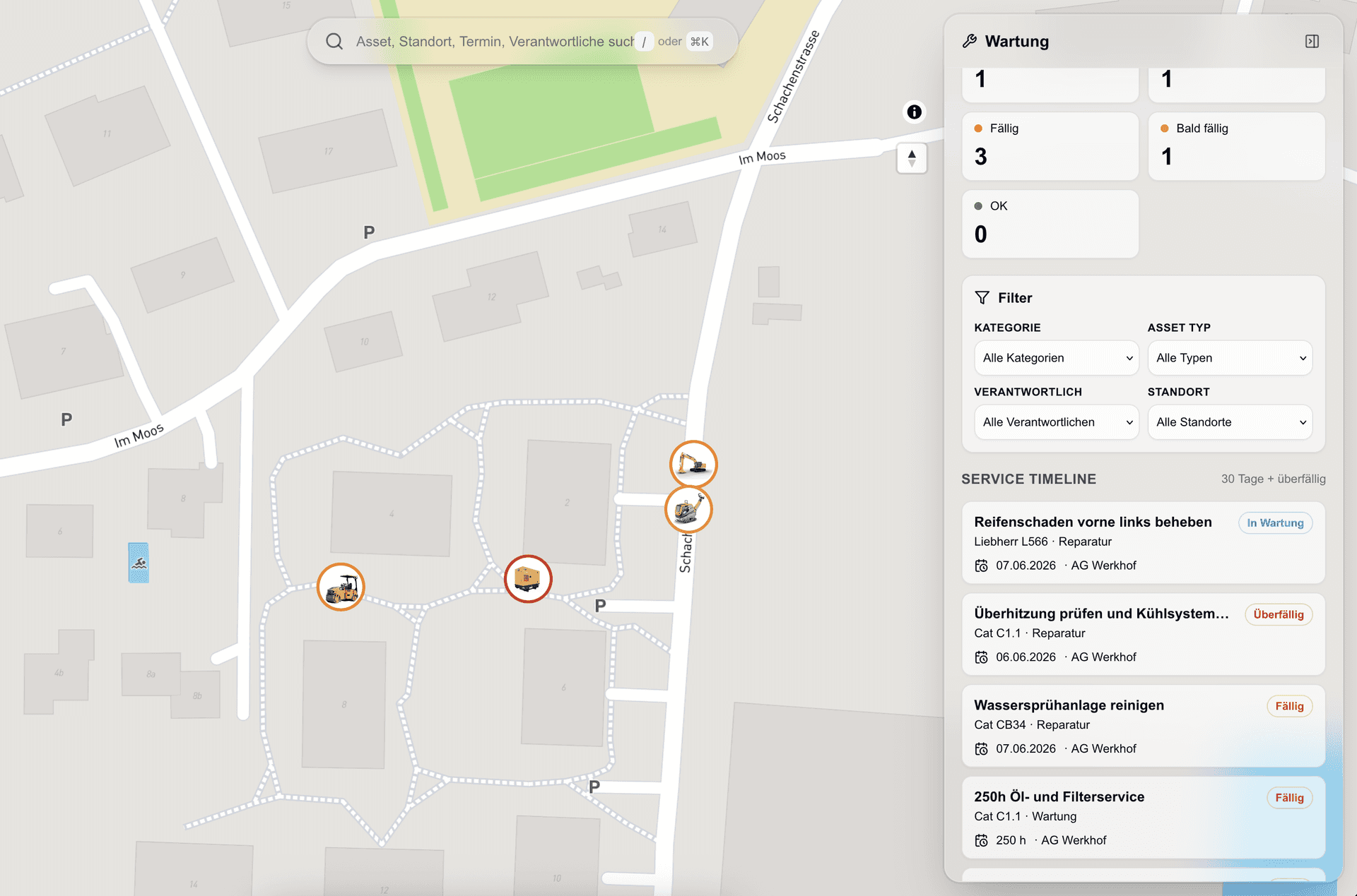 Findmee Dashboard mit Wartungsstatus, Service-Timeline und Maschinen auf der Karte