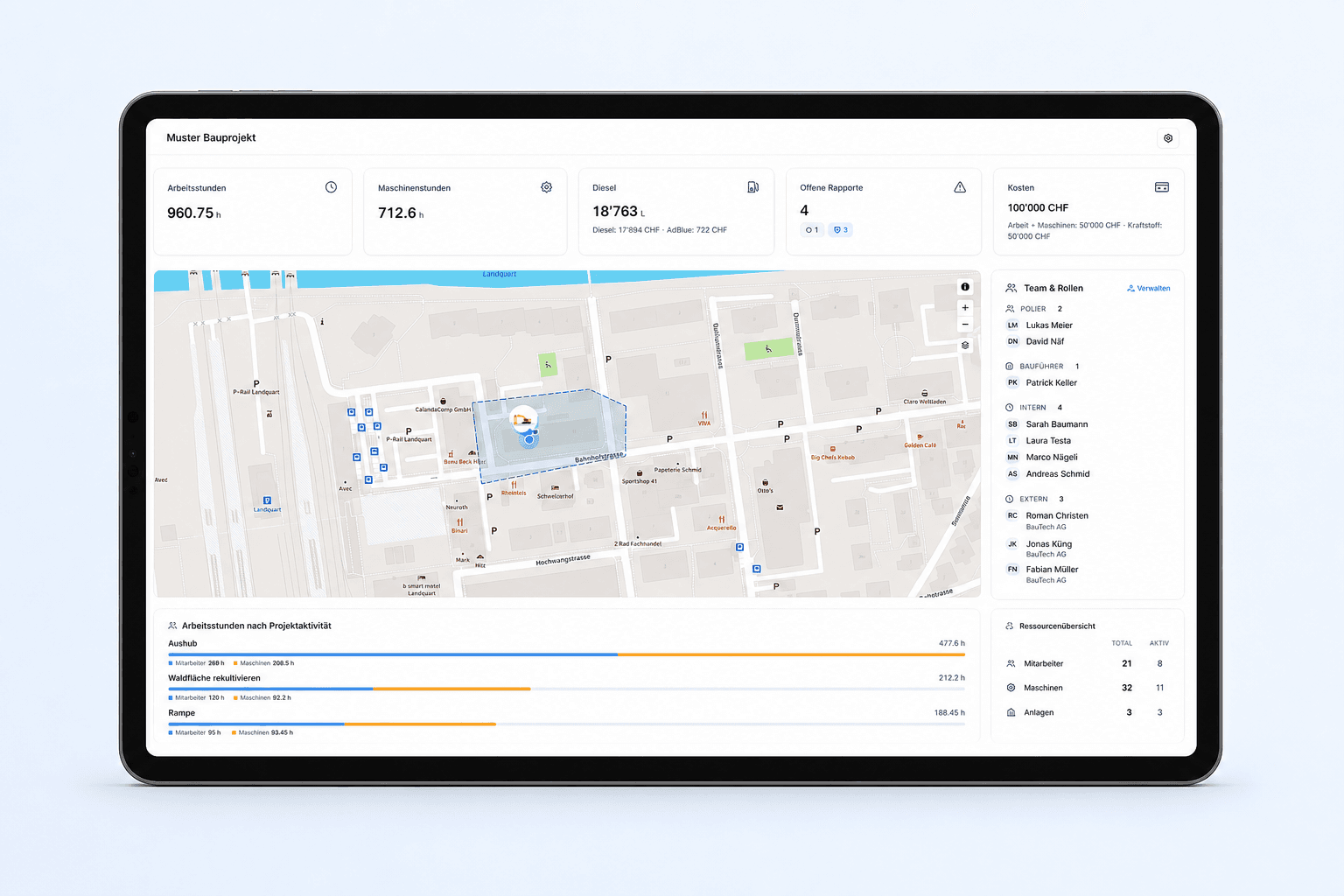 Findmee Rapportierungsmodul mit Projekt- und Kostendaten auf einem Tablet