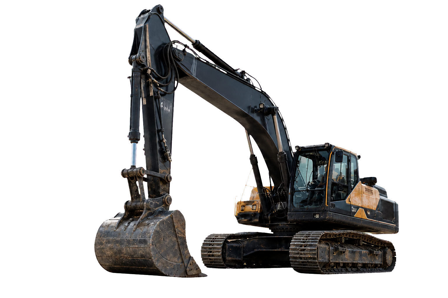 Freigestellter Bagger auf einer modernen Baustelle
